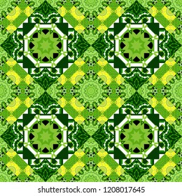 Indian, Arabic, Turkish motifs. Vector patchwork quilt pattern in white, gray and green colors. Vintage decorative elements. Abstract colorful mosaic style. Hand drawn seamless pattern.
