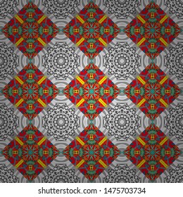 Indian, Arabic, Turkish motifs. Vintage decorative elements. Hand drawn seamless pattern. Abstract colorful mosaic style. Vector patchwork quilt pattern in gray, blue and pink colors.