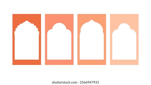 Indian arch gate. Islam shape window design for banner decoration. Gothic doorway border on social media stories template. Oriental mosque panel for collage. Simple morocco style church door icon