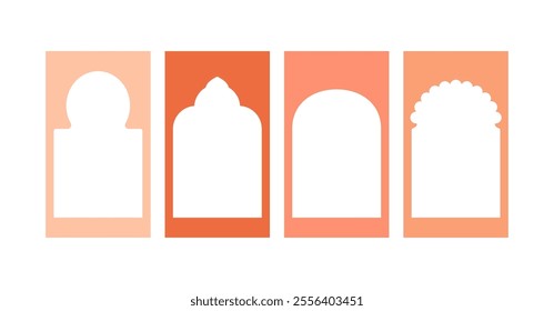 Indian arch gate shape frame. Islam architecture decoration for Ramadan. Oriental mosque panel for collage. Simple morocco style doorway element. Gothic border on social media stories template