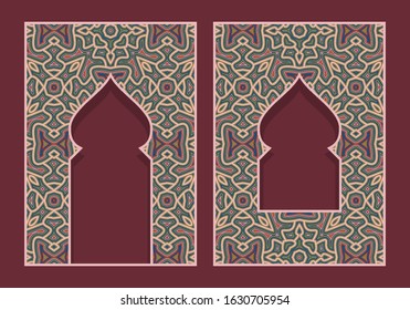 Indian arched frames in form of traditional door and window. Brochure, book or greeting card colorful cover backdrop design.