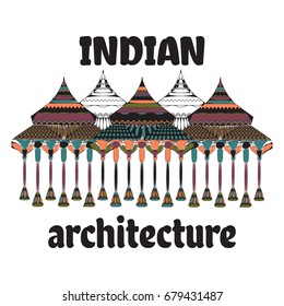 Indian architectural complex of ancient, richly decorated with ornaments. Vector illustration with text