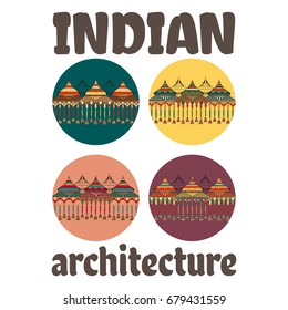 Indian architectural complex of ancient, richly decorated with ornaments. Set of vector illustration with text