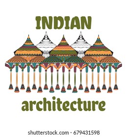 Indian architectural complex of ancient, richly decorated with ornaments. Vector illustration with text