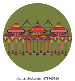 Indian architectural complex of ancient, richly decorated with ornaments. Vector illustration in circle