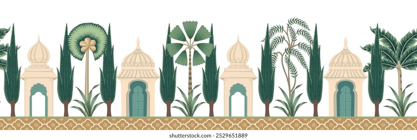 Indian architecture, palm tree, plants seamless border. Jungle mural.