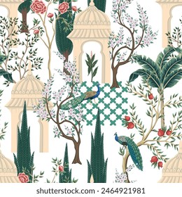 Indian architecture, peacock and trees seamless pattern. Garden wallpaper.