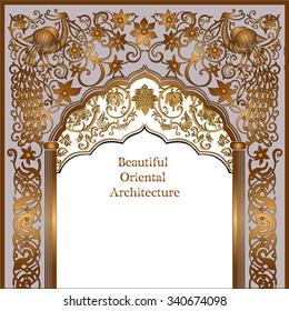 Indian architecture.Indian temple. God Krishna.Architectural arch.Architecture, Arabic Emirates.