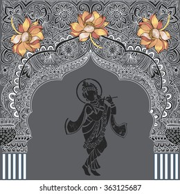 Indian architecture.Indian temple. God Krishna.Flower lotus.