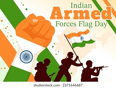 Ilustración de vectores del Día de la Bandera de las Fuerzas Armadas Indias con banderas de la India y el ejército en diseño de fondo de caricatura de festividad plana