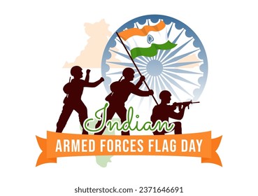 Ilustración de vectores del Día de la Bandera de las Fuerzas Armadas Indias con banderas de la India y el ejército en diseño de fondo de caricatura de festividad plana