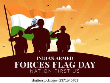 Ilustración de vectores del Día de la Bandera de las Fuerzas Armadas Indias con banderas de la India y el ejército en diseño de fondo de caricatura de festividad plana