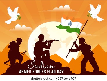 Ilustración de vectores del Día de la Bandera de las Fuerzas Armadas Indias con banderas de la India y el ejército en diseño de fondo de caricatura de festividad plana