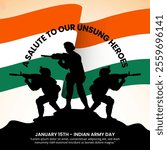 Indian Army Day background with silhouettes of soldiers and a flag