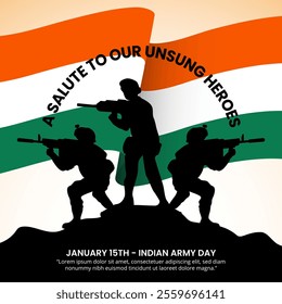 Indian Army Day background with silhouettes of soldiers and a flag