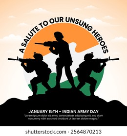 Indian Army Day background with silhouettes of soldiers and a flag