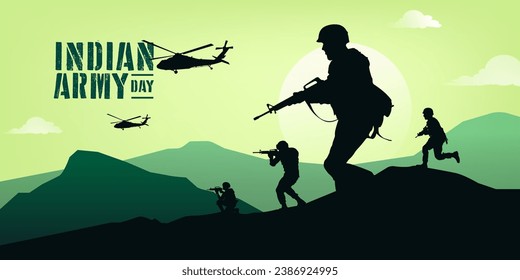 Indian Army Day, military illustration, army background, soldiers silhouettes.
