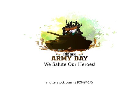 Indian army day. Soldiers on fighter tank with tricolor flag and saluting celebrating victory of indian army. Vector illustration