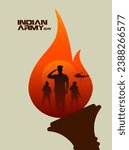 Indian Army Day text with creative concept illustration, military, army background, and soldiers silhouettes.