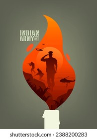 Indian Army Day text with creative concept illustration, military, army background, and soldiers silhouettes.