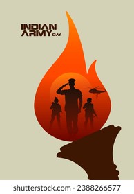 Indian Army Day text with creative concept illustration, military, army background, and soldiers silhouettes.