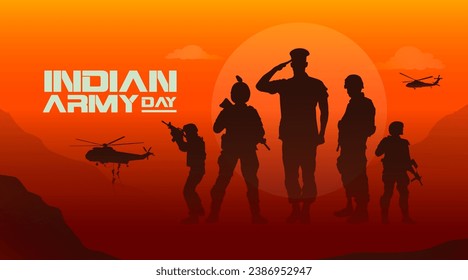 Indian Army Day text with military illustration, army background, soldiers silhouettes.