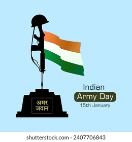 Vector del Día del Ejército Indio, ilustración. 15 de enero.  Amar Jawan Jyoti escribió en el fondo en hindi, traducción en inglés de la llama del soldado inmortal, o luz.