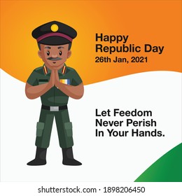 Indian army man with greet hands. Happy republic day banner design. Vector cartoon illustration.