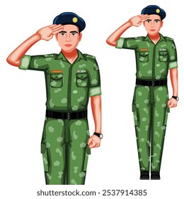 Indian Army Soldier Saluting Character Vector Illustration On White Background