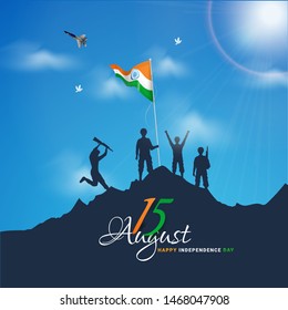 Indian Army soldiers waving flag on top of mountain for 15 August Happy Independence Day celebration concept. Can be used as poster or banner design.