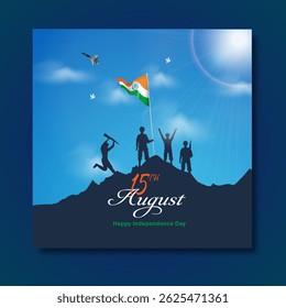 Indian Army Soldiers Waving Flag on Top of Mountain for Happy Independence Day Celebration.