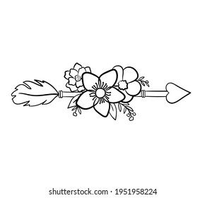 Flecha india con flores. Símbolo de Boho. Ilustración vectorial en el estilo de contorno.