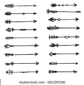 Indian Arrow Icon. Hand-drawn Feathery Arrow Indian Style Isolated Set. Ethnic Tribal Weapon Sketch Icon. Native Artifact With Quill Feather, Decorative Element. Vector Archery Equipment Illustration