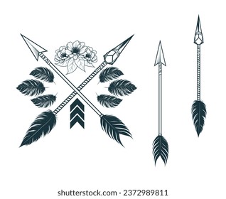 Indian arrows with feathers and flowers. Hand drawn ethnic design elements in boho style. Vector illustration for tattoo, web design, t-shirts and print.