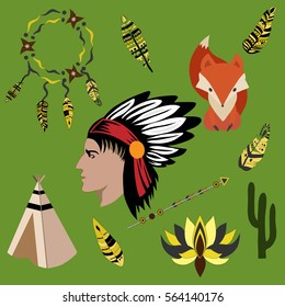Indian, arrows, Fox, wigwam, feathers on a green background