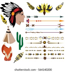 Indian, arrows, Fox, wigwam, feathers on a white background