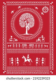 Indian art showing kingdom of king with connection of Rural life warli painting