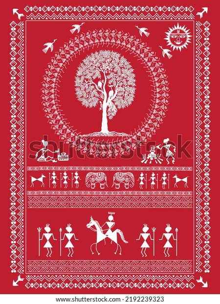 Indian art showing kingdom of king with\
connection of Rural life warli\
painting