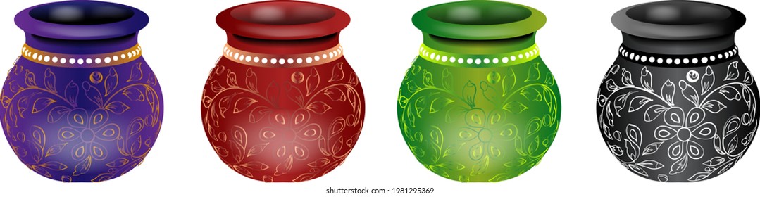 Indian artistic style traditional vintage pots (Matka) multicolour vector illustration with floral pattern design illustration. Indian wedding clip art Kalash with floral pattern design.