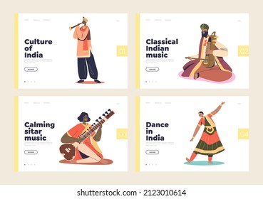 Indian artists, culture, dance and music concept of landing pages set with musicians playing on traditional musical instruments and dancers. Cartoon flat vector illustration svg
