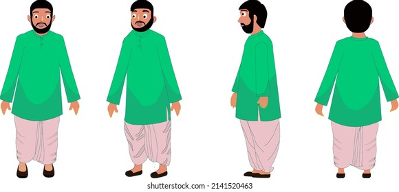 Indian asian character wearing dhuti and shirt color green for 2d animation and vector.