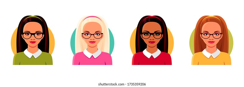 Indian, Asian, European girls in glasses set. Schoolgirl, teacher, businesswoman avatar faces. Vector cartoon isolated illustrations