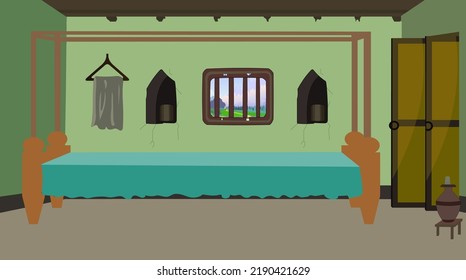 Indian Asian Poor Farmers House Inside Interiors For Cartoon Background.