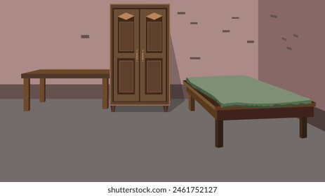 Indische asiatische arme Bauern Haus Indoor 2D Cartoon Hintergrund, Haus Interieur, Schlafzimmer Innen Design Vektorillustration mit Möbeln, Bett Tisch Schlamm Zimmer