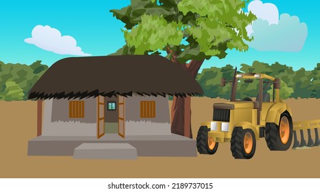 Indian asian poor village house scene with a hut and a tractor beside the home for irrigation.