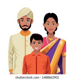 indian asian religion oriental culture, traditional family, mother and father with son cartoon vector illustration graphic design