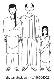 indian asian religion oriental culture, traditional family, father and mother with daughter cartoon vector illustration graphic design