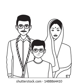 indian asian religion oriental culture, traditional family, mother and father with son cartoon vector illustration graphic design