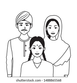 indian asian religion oriental culture, traditional family, father and mother with daughter cartoon vector illustration graphic design