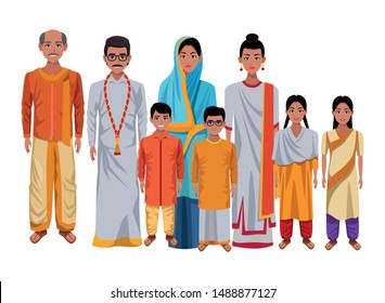 indian asian religion oriental culture, traditional family parents, mothers and fathers with children cartoon vector illustration graphic design